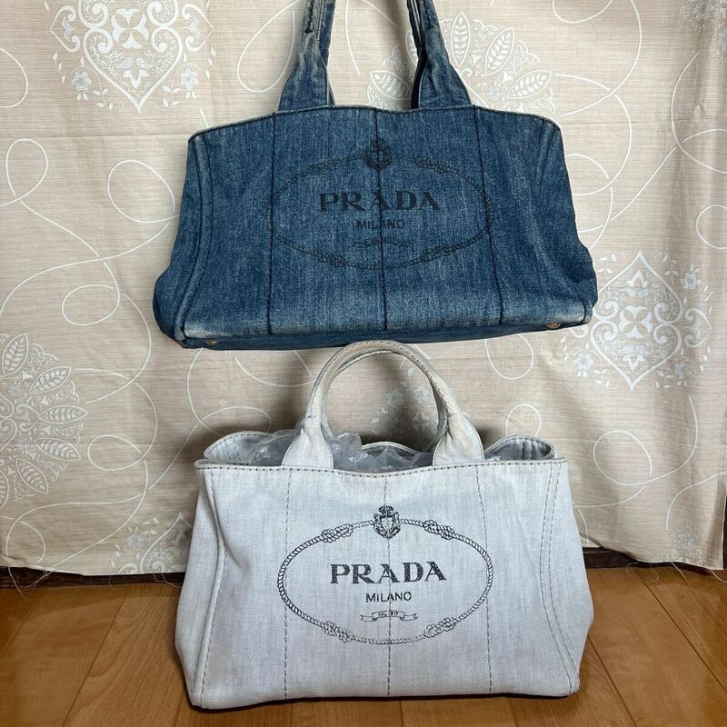 1円〜PRADA カナパ 2点売り/デニム ブルー ホワイト トートバッグ肩掛け レディース 中古