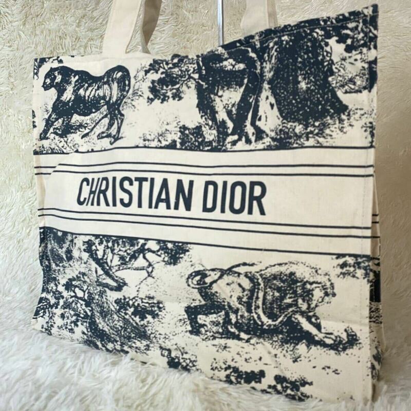 1円 Christian Dior クリスチャンディオールトートバック キャンバス グレー系 トワル ドゥ ジュイ エンブロイダリー ミディアム ネイビー