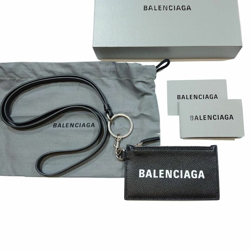 【極美品】BALENCIAGA バレンシアガ コインケース カードケース キーリング ストラップ付 594548 ブラック 黒 小銭入れ ネックストラップ