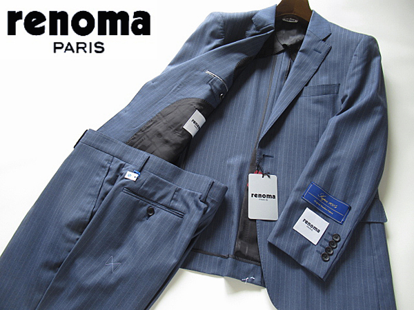 新品◆春夏★レノマ パリス renoma PARIS★高級 Super100's ストライプ柄 ウールスーツ BB5 ブルー