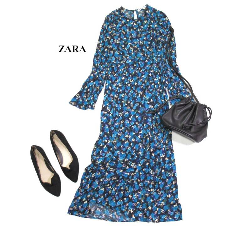 ザラ ZARA 大人素敵スタイル☆ 花柄 総柄 ウエスト切り替え ギャザー入り袖 デザインロングワンピース S