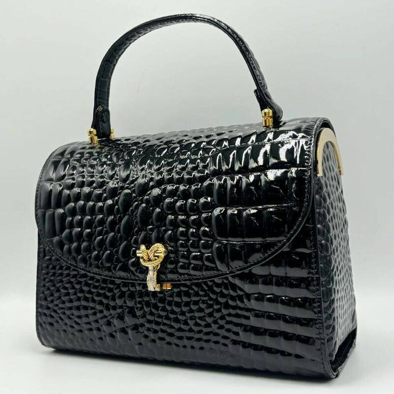 240510- クロコ型押 ハンドバッグ ゴールド金具 ブラック 黒 ワンハンドル 鞄 婦人バッグ レディース