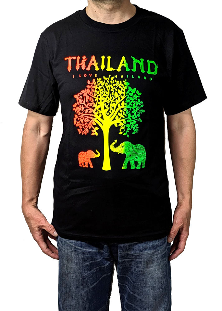 【送料無料】タイランドTシャツ 菩提樹と象 黒 メンズL 半袖 ラスタカラー 汎アフリカ色 バックパッカー アジアン雑貨 エスニック THAILAND