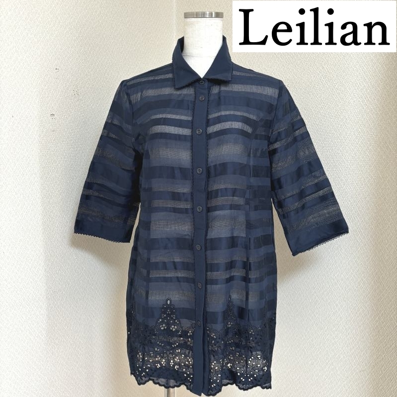 Leilian（レリアン） ブラウス シアーシャツ ロング丈 5分袖 ネイビー 9号