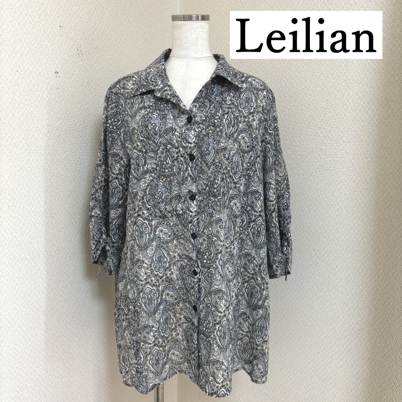 Leilian（レリアン） ブラウス オープンカラー プリントシャツ 7分袖 ペーズリー グレー 13号 LL