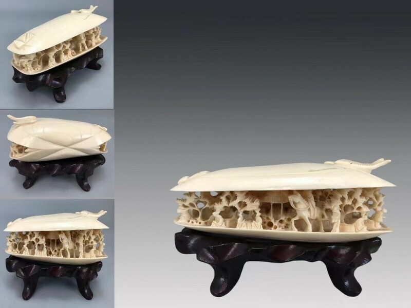 R0814A5 置物 貝形山水彫 東洋彫刻 細密細工 木台付 縁起物 床置 時代物 重160g