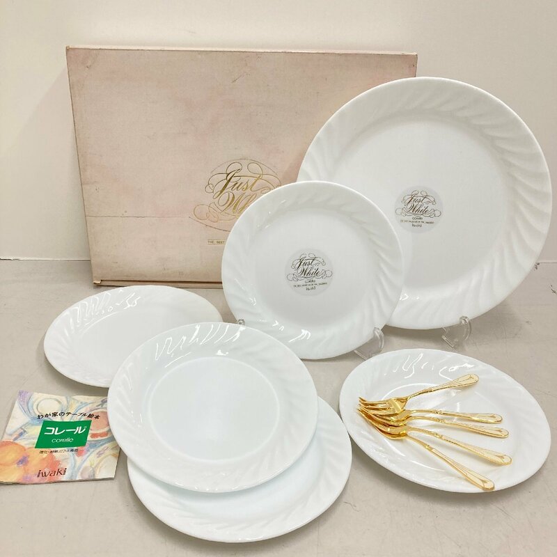 ◆◇[8] イワキ iwaki コレール Corelle プチケーキセット 大皿 1点 ケーキ皿・フォーク5点 未使用 元箱付き 06/051408m◇◆