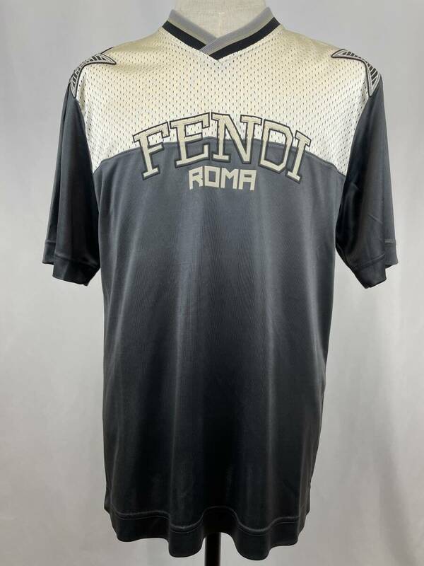 ◆美品◆FENDI(フェンディ) メッシュ切り替え ロゴ Tシャツ M グレー 正規品 43