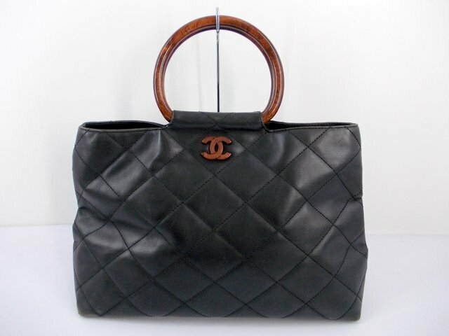 ★ CHANEL シャネル ココマーク ウッド調 ハンドル バッグ ハンドバッグ マトラッセ レザー ブラック 黒 中古