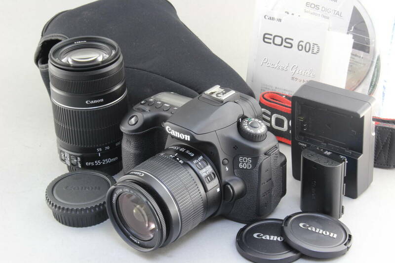 AA (新品級) Canon キヤノン EOS 60D ダブルズームレンズ 18-55 55-250mm ショット数350回 初期不良返品無料 領収書発行可能