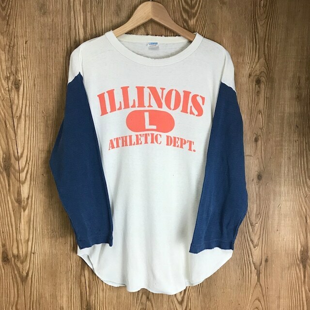 USA製 70s VINTAGE Champion バータグ 3段染み込み カレッジ 七分袖 Tシャツ メンズL 70年代 チャンピオン 古着 e24042012