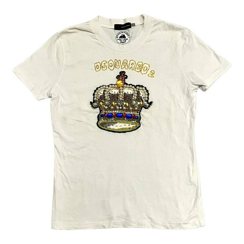 DSQUARED2 ディースクエアード Tシャツ カットソー 半袖 ロゴ S 白 ホワイト パール ビーズ ラインストーン 王冠