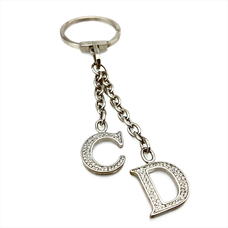 クリスチャンディオール Christian Dior CDロゴ スウィング チャーム キーリング キーホルダー メタル ラインストーン シルバー金具