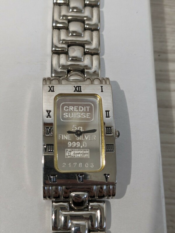 【F887】【未使用】 クレディスイス インゴット ファインシルバー 999.0 QZ シルバー文字盤 メンズ 腕時計