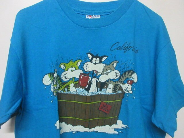 80s USA製　Tシャツ L　青　ビール　キャラクター　アニマル柄　酒　ビフィーT　vintage　ビンテージ　アメリカ古着　sy3540