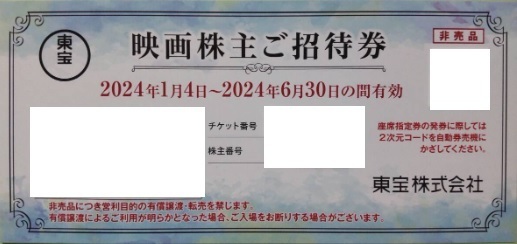 即決★送料63円～★4枚までok　東宝 株主優待券 映画株主ご招待券　 （有効期限2024年6月30日 TOHOシネマズ