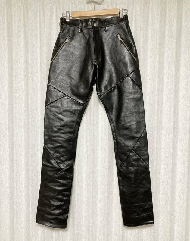 美品☆[SULVAM] 20AW 定価187,000 Grafing Leather Pants ホースハイド グラフティング レザーパンツ S 馬革 SM-Y03-900 ブラック サルバム