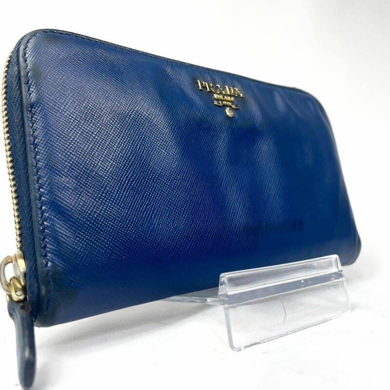 1円【希少】PRADA プラダ 長財布 ラウンドファスナー ジッピーウォレット ロゴ サフィアーノレザー 本革 メンズ ネイビー 紺 小銭入れ 