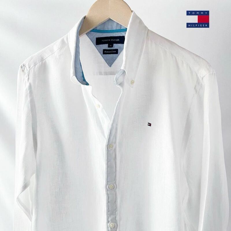 (美品) トミー ヒルフィガー TOMMY HILFIGER ボタンダウン リネン 長袖シャツ XL ホワイト ブルー 麻 シャツ 白