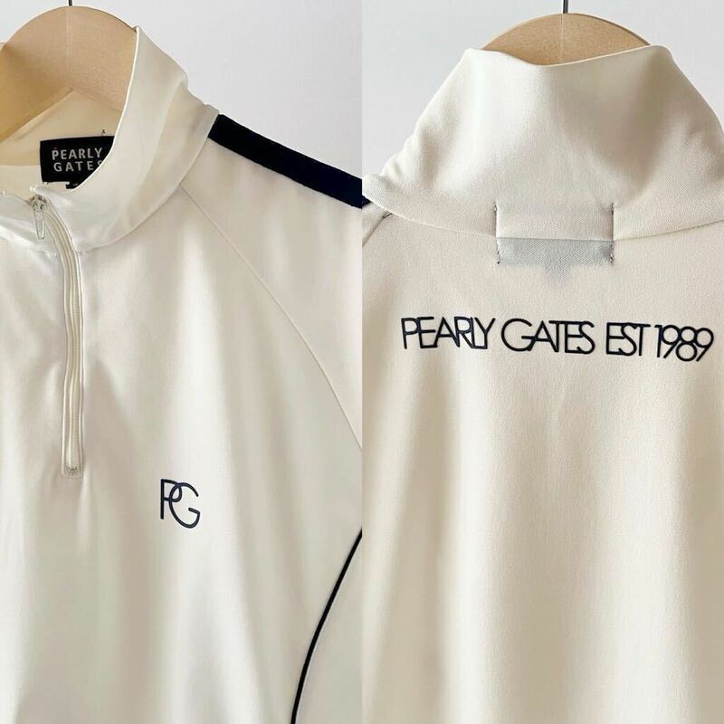 パーリーゲイツ PEARLY GATES 吸汗速乾 ハーフジップ 半袖シャツ 3 (M) アイボリー ホワイト x ネイビー シャツ 