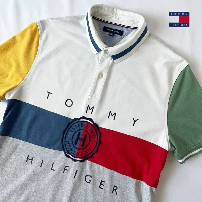 トミー ヒルフィガー TOMMY HILFIGER マルチカラー ポロシャツ XL 半袖 ビッグロゴ 刺繍 シャツ 