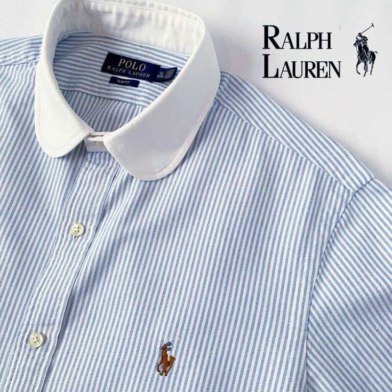 ラルフローレン RALPH LAUREN オックスフォード ラウンドカラー ストライプ 長袖 シャツ 16 32/33 175/96A (日本L) ホワイト ブルー 丸襟