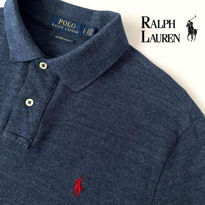 ラルフローレン RALPH LAUREN ポニー ポロシャツ L 180/100A (日本XL) インディゴ ネイビー レッド 半袖 鹿の子 シャツ 