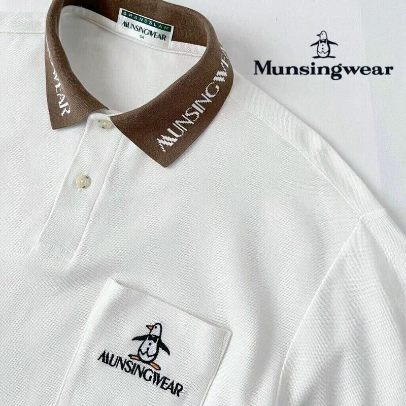 マンシングウェア Munsingwear ポロシャツ SA (日本M) ホワイト ブラウン 半袖 鹿の子 シャツ 