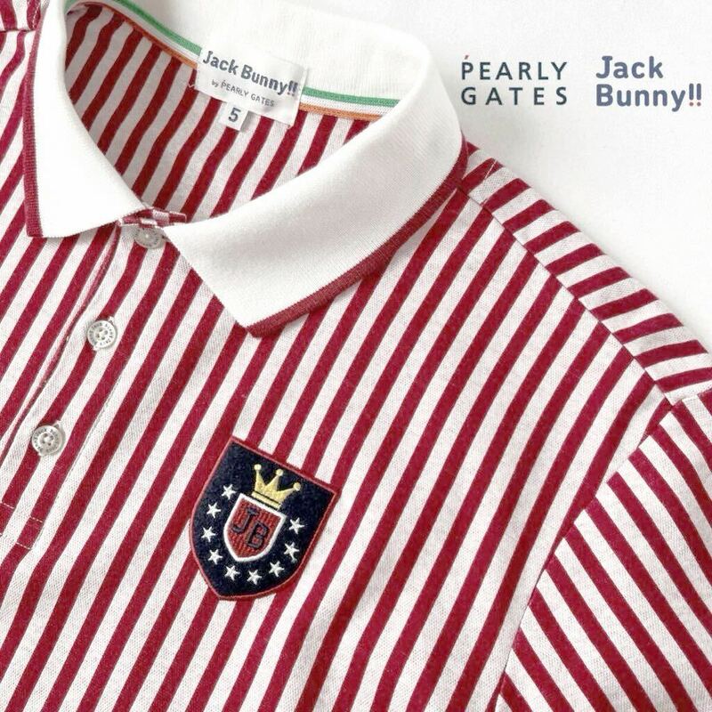 (美品) パーリーゲイツ ジャックバニー PEARLY GATES JACK BUNNY 吸汗速乾 ポロシャツ 5 (L) レッド ホワイト ストライプ 半袖 シャツ