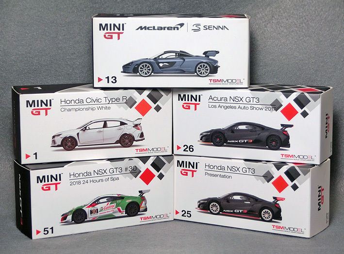 1/64スケール　「ホンダ・シビック Type R、ホンダ・NSX GT3、マクラーレン・セナ」5台セット　*MINI GT製　　*03