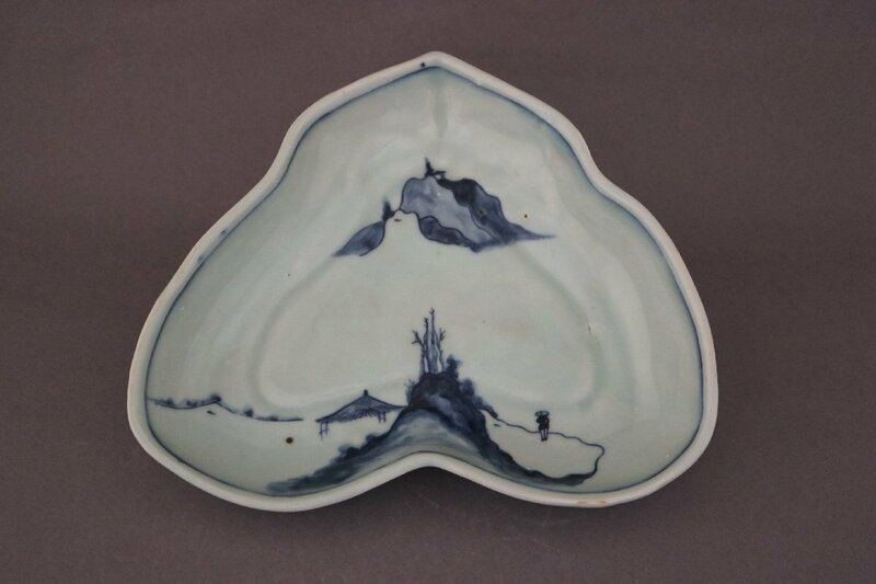 【GTS】中国明・古染付山水図山形変形皿16～17世紀