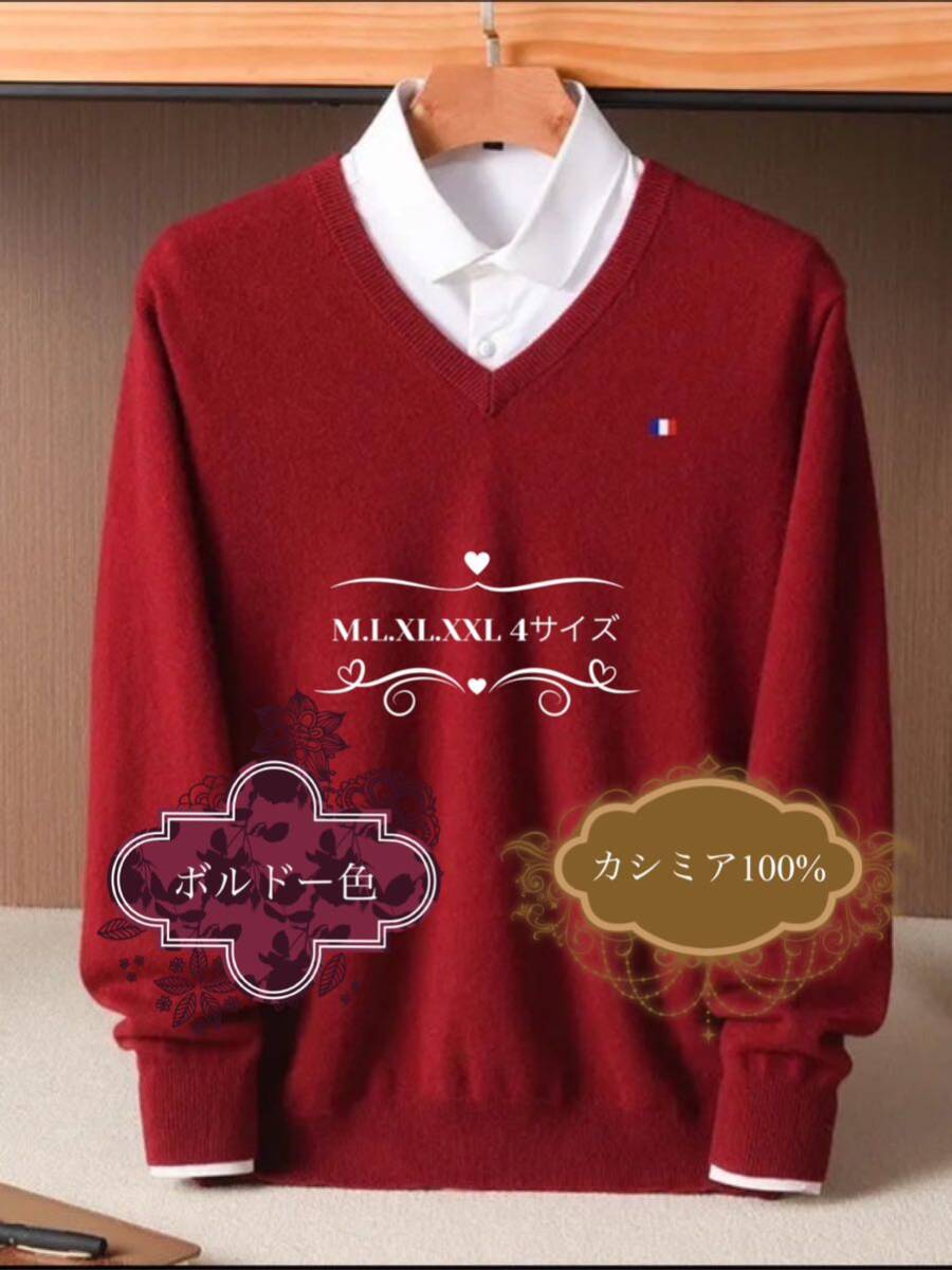 カシミア100% Vネックセーター　ボルドー色　M.L.XL.XXL 4サイズ 送料無料