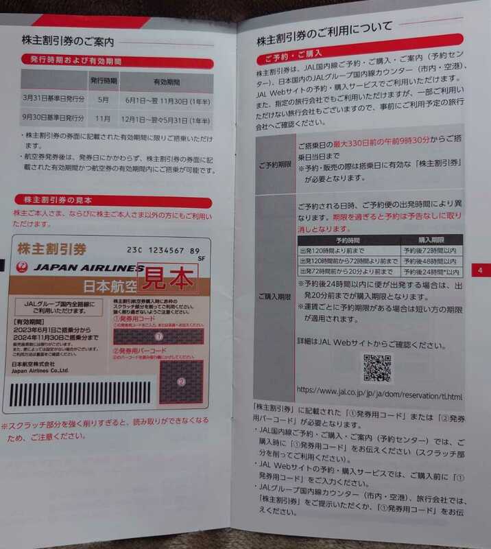 新品　未使用　JAL 株主割引券　日本航空　1枚　２０２４年11月３０日まで