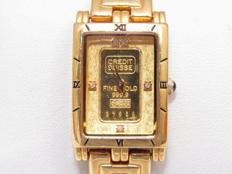 1円スタート 不動 インゴッド K24 純金 FINE GOLD 999.9 CREDIT SUISSE 5Pダイヤ 腕時計 FK-929-C スクエア クォーツ 電池 ゴールド 中古