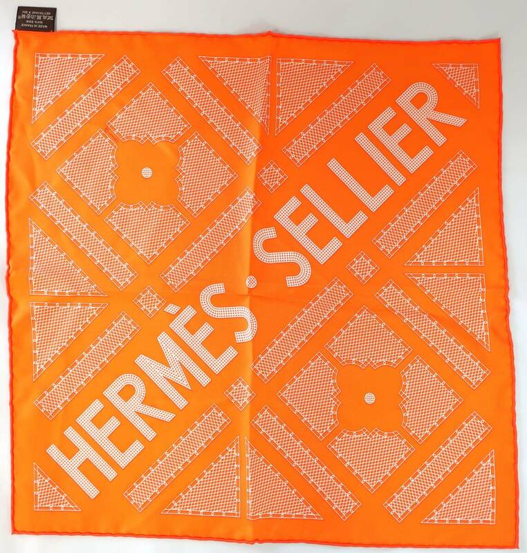 【美品】HERMES エルメス カレ40 SELLIER セリエ オレンジ系 シルク100% 総柄 ハンカチ スカーフ