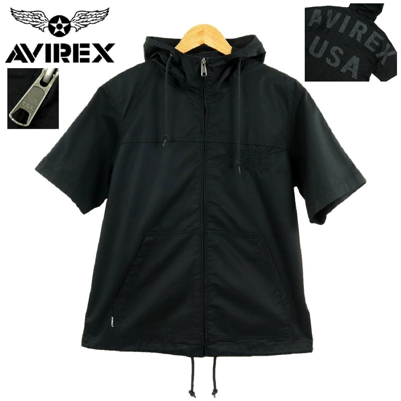 【B2982】【美品】【クールマックス】AVIREX アビレックス ジップアップブルゾン 半袖シャツ 半袖パーカー バックロゴ サイズM