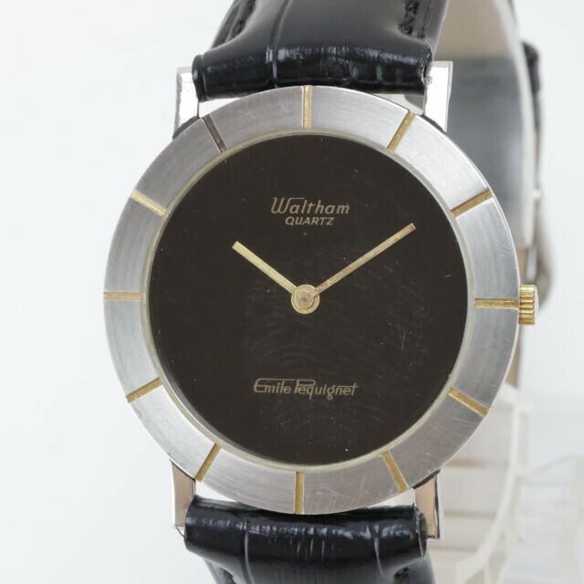 2405-669 ウォルサム クオーツ 腕時計 WALTHAM エミールペキオネ ダブルネーム 黒文字盤 銀色ケース レザーベルト