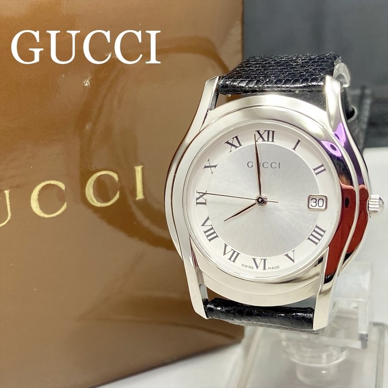 新品仕上 新品 電池 ベルト グッチ GUCCI 5500M 腕時計 シルバー 文字盤 クォーツ メンズ