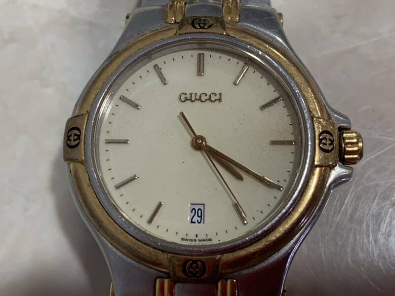 1円～ GUCCI グッチ 9040M QZ クオーツ デイト 3針 コンビ メンズ 腕時計 不動 ジャンク