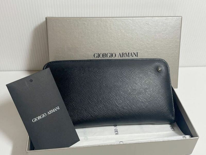 ほぼ新品■ GIORGIO ARMANI ジョルジオアルマーニ レザー ブラック 長財布 ラウンドファスナー イタリア製 付属品完備 