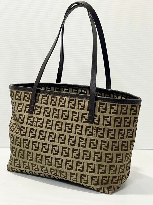 A31■ 極美品 FENDI フェンディ ズッカ柄 ミニ可愛いトートバッグ キャンバス レザー ブラウン 