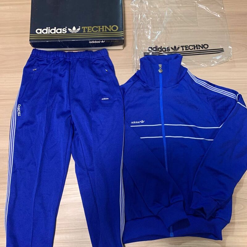 未使用 当時物 メンズ Mサイズ ヴィンテージ adidas TECHNO アディダス ジャージ セットアップ 上下セット ブルー シルバー トレフォイル