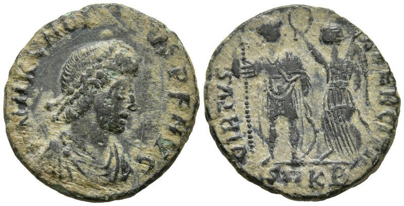 １円スタート! ・ローマ帝国の皇帝 アルカディウス（在位：AD 383-408 年）AE フォリス青銅貨・アンティーク コイン