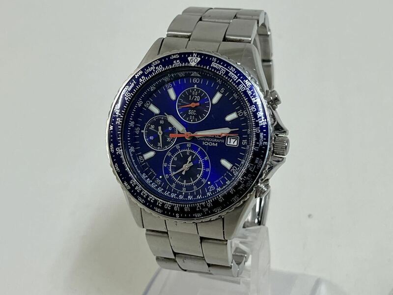 412h SEIKO セイコー クロノグラフ 100m 7T92-0CF0 デイト 青文字盤 メンズ腕時計 