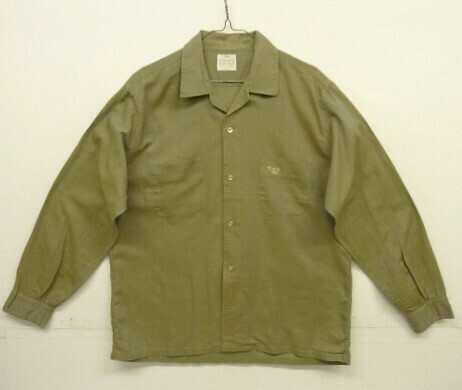 60s ヴィンテージ CLASSIC CASUALS コットン/ジャガード 長袖 オープンカラーシャツ カーキ/刺繍 VINTAGE 60年代 アメリカ製