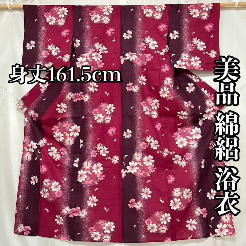 ●きもの翠● 美品 綿絽 浴衣 桜 手描き 金彩加工 撒き糊散らし グラデーション 美しい 和装 和服 着物 木綿 身丈161.5cm #X586