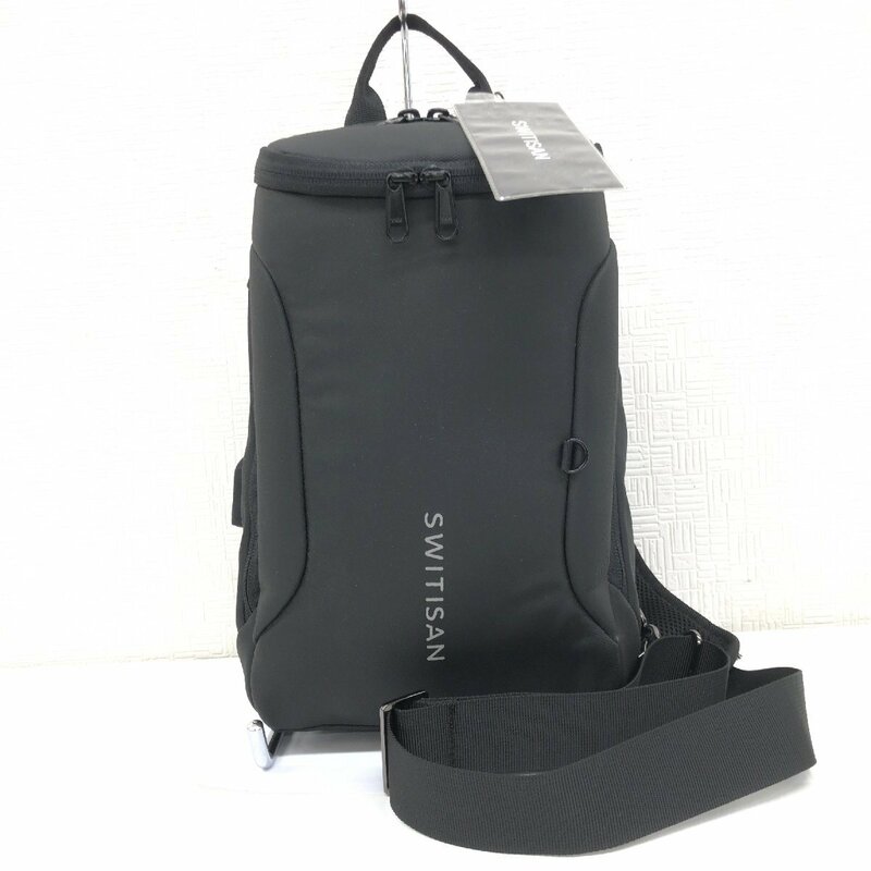 ◆新品 SWITISAN 高密度PVC防水素材 大容量 ボディバッグ 黒 ブラック ショルダーバッグ USBポート タブレットスリーブ付き 未使用 メンズ