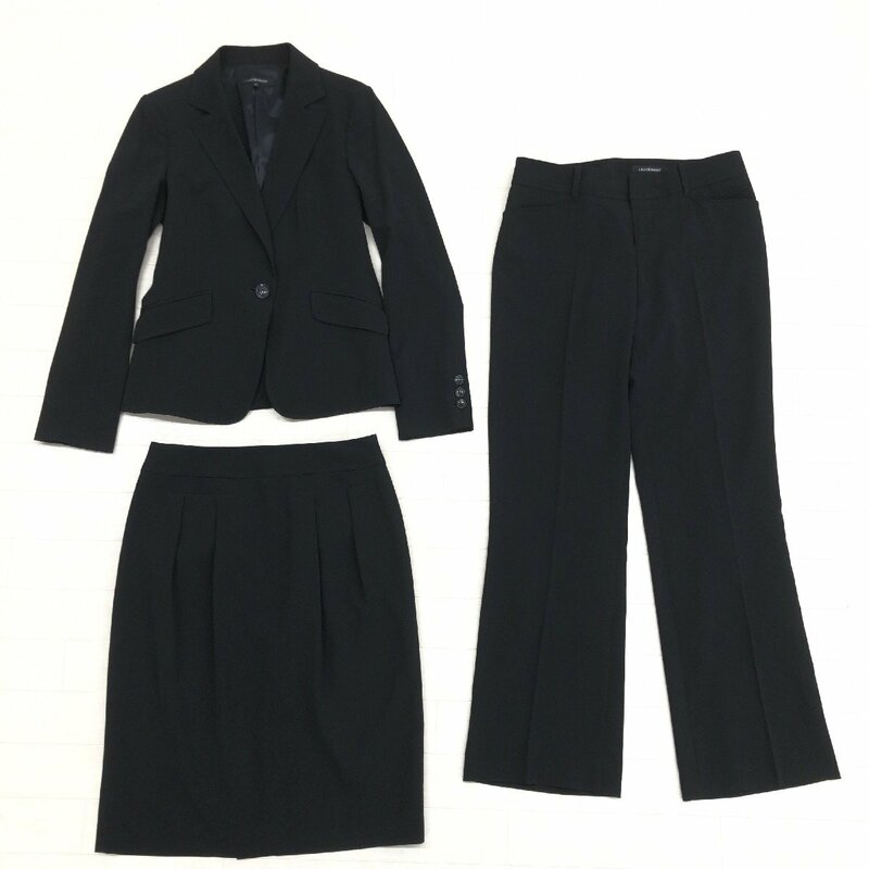 ●LAUTREAMONT ロートレアモン 3ピース ストレッチ スーツ 上下セットアップ 40(L) 黒 ブラック ジャケット スカート パンツ 日本製 女性用