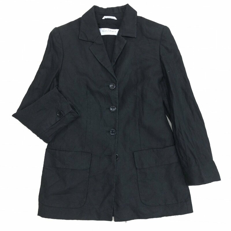 ●伊製 MaxMara マックスマーラ 4B 麻 リネン100% サマージャケット 40 黒 ブラック テーラードジャケット ブレザー 春夏用 コート 婦人