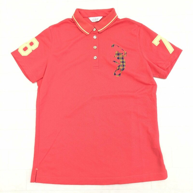 美品 adabat アダバット ビッグプリント ゴルフシャツ 42(XL) 朱色 バーミリオン 日本製 ポロシャツ カットソー LL 2L ゆったり 大きい
